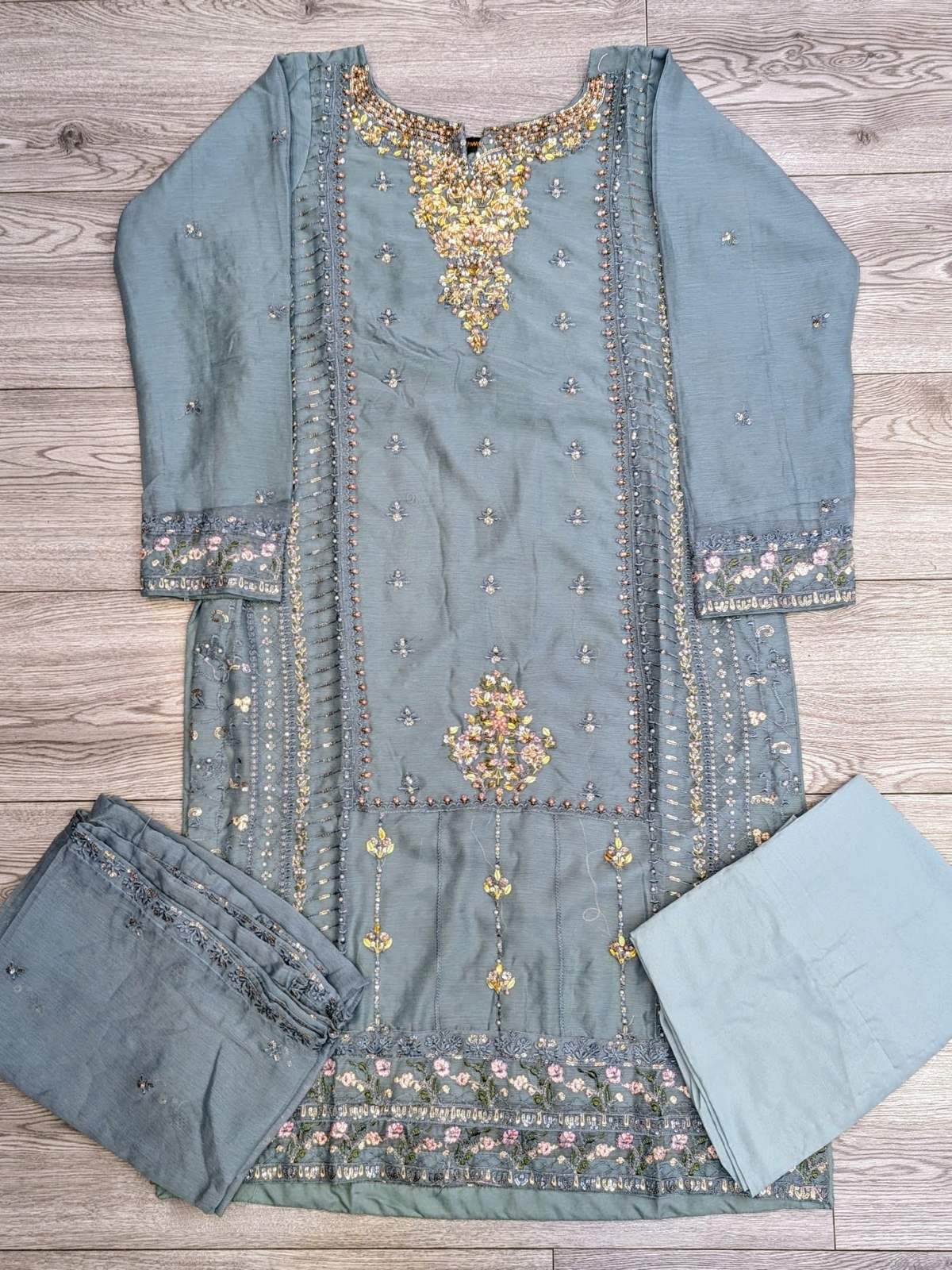 AG blue grey colour with gold hand embellishment shalwar kameez in chiffon fabric with embroidery dupatta in sizes (M to 7XL) womenswear tradition dress suit plus size clothing - AdoreByKhwahish