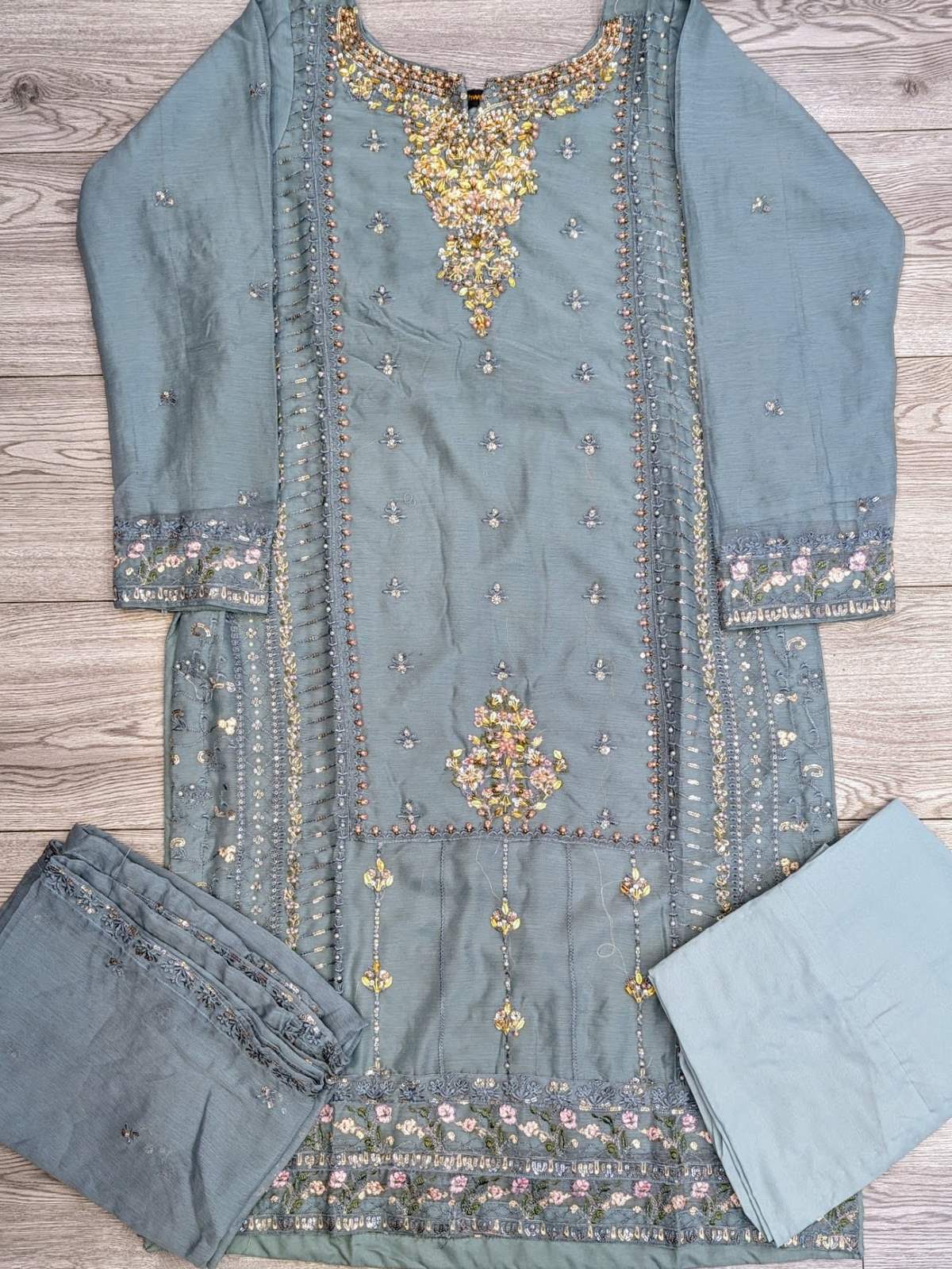 AG blue grey colour with gold hand embellishment shalwar kameez in chiffon fabric with embroidery dupatta in sizes (M to 7XL) womenswear tradition dress suit plus size clothing - AdoreByKhwahish