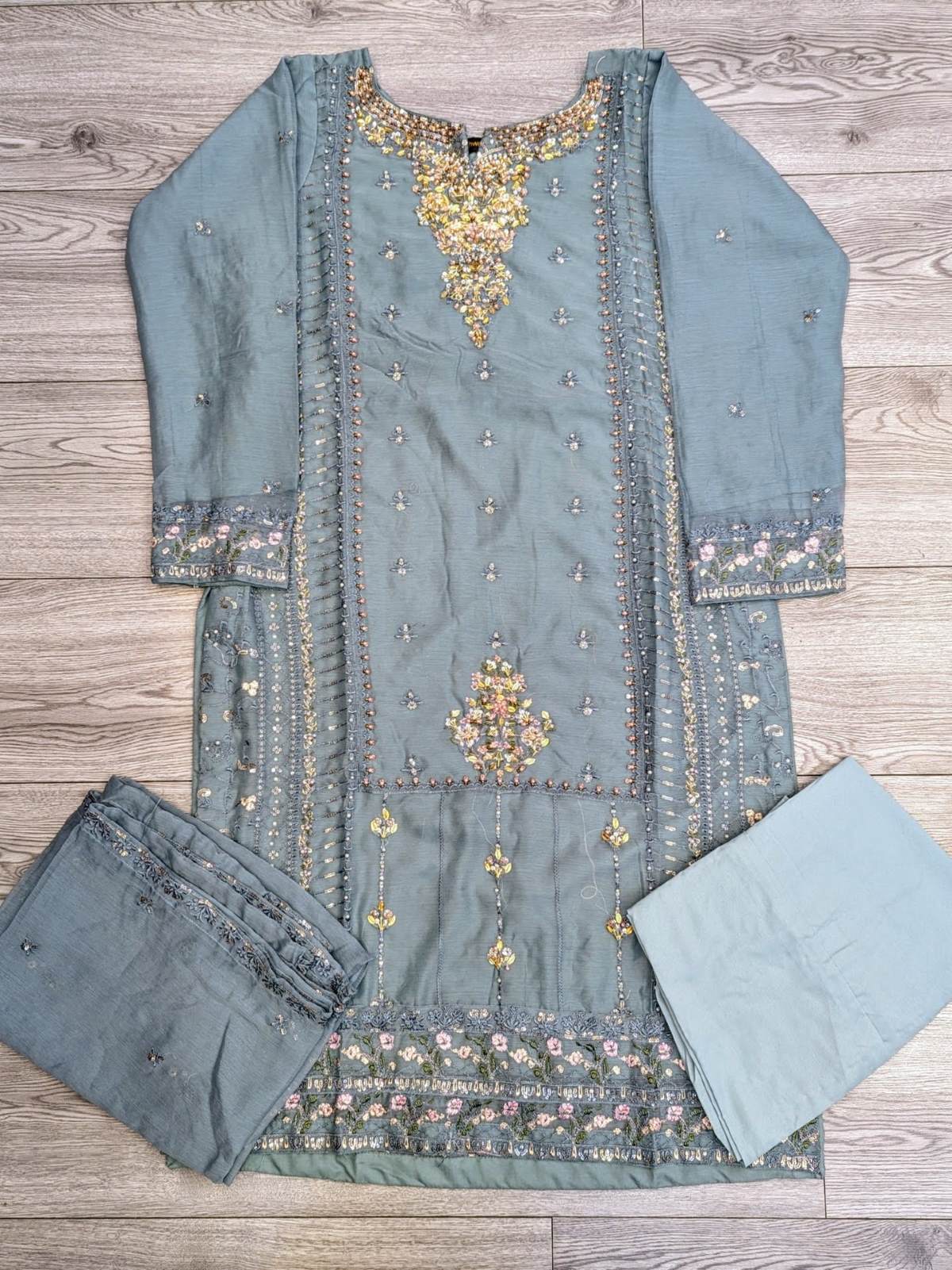 AG blue grey colour with gold hand embellishment shalwar kameez in chiffon fabric with embroidery dupatta in sizes (M to 7XL) womenswear tradition dress suit plus size clothing - AdoreByKhwahish