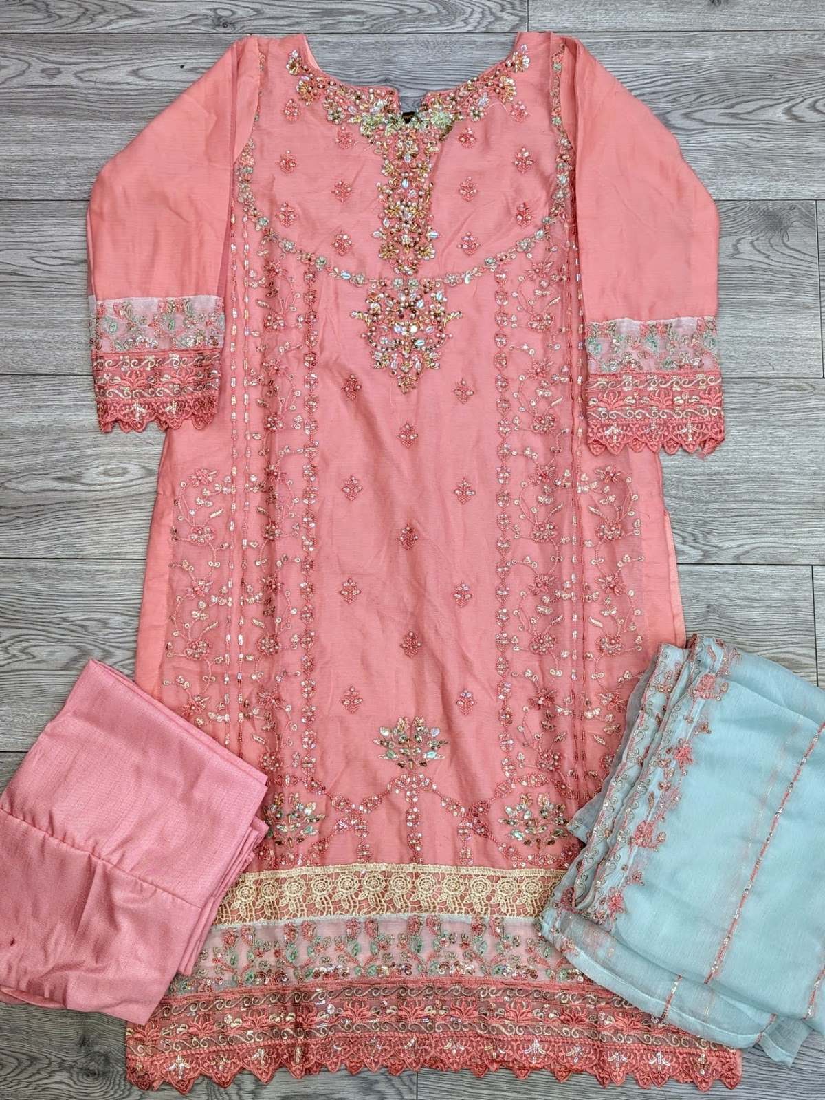 AG bubblegum pink colour with gold hand embellishment shalwar kameez in chiffon fabric with embroidery dupatta in sizes (S to 7XL) womenswear traditional plus size clothing - AdoreByKhwahish