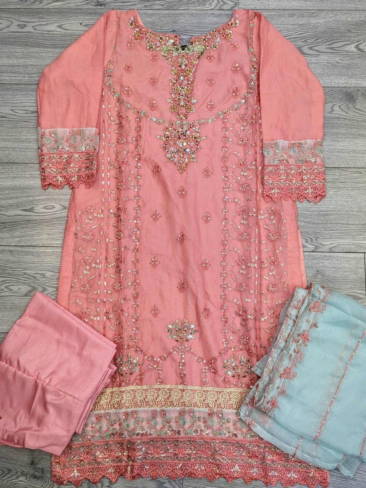 AG bubblegum pink colour with gold hand embellishment shalwar kameez in chiffon fabric with embroidery dupatta in sizes (S to 7XL) womenswear traditional plus size clothing - AdoreByKhwahish