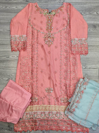 AG bubblegum pink colour with gold hand embellishment shalwar kameez in chiffon fabric with embroidery dupatta in sizes (S to 7XL) womenswear traditional plus size clothing - AdoreByKhwahish