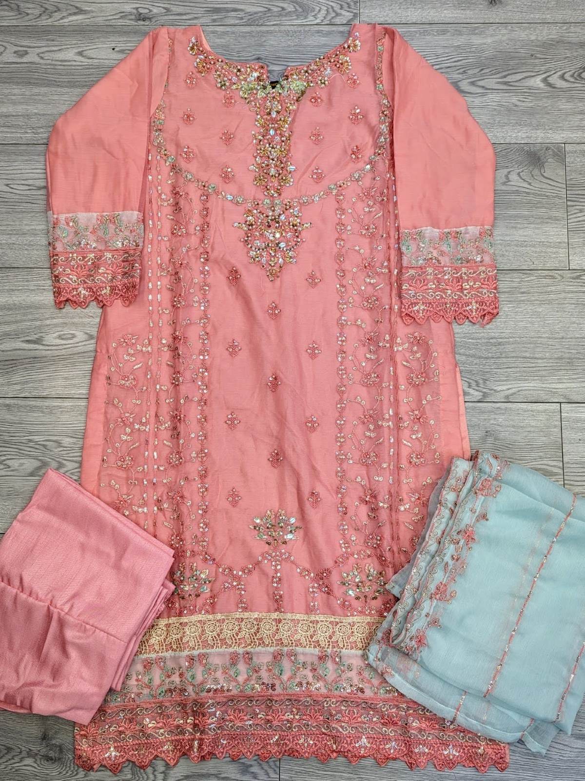 AG bubblegum pink colour with gold hand embellishment shalwar kameez in chiffon fabric with embroidery dupatta in sizes (S to 7XL) womenswear traditional plus size clothing - AdoreByKhwahish