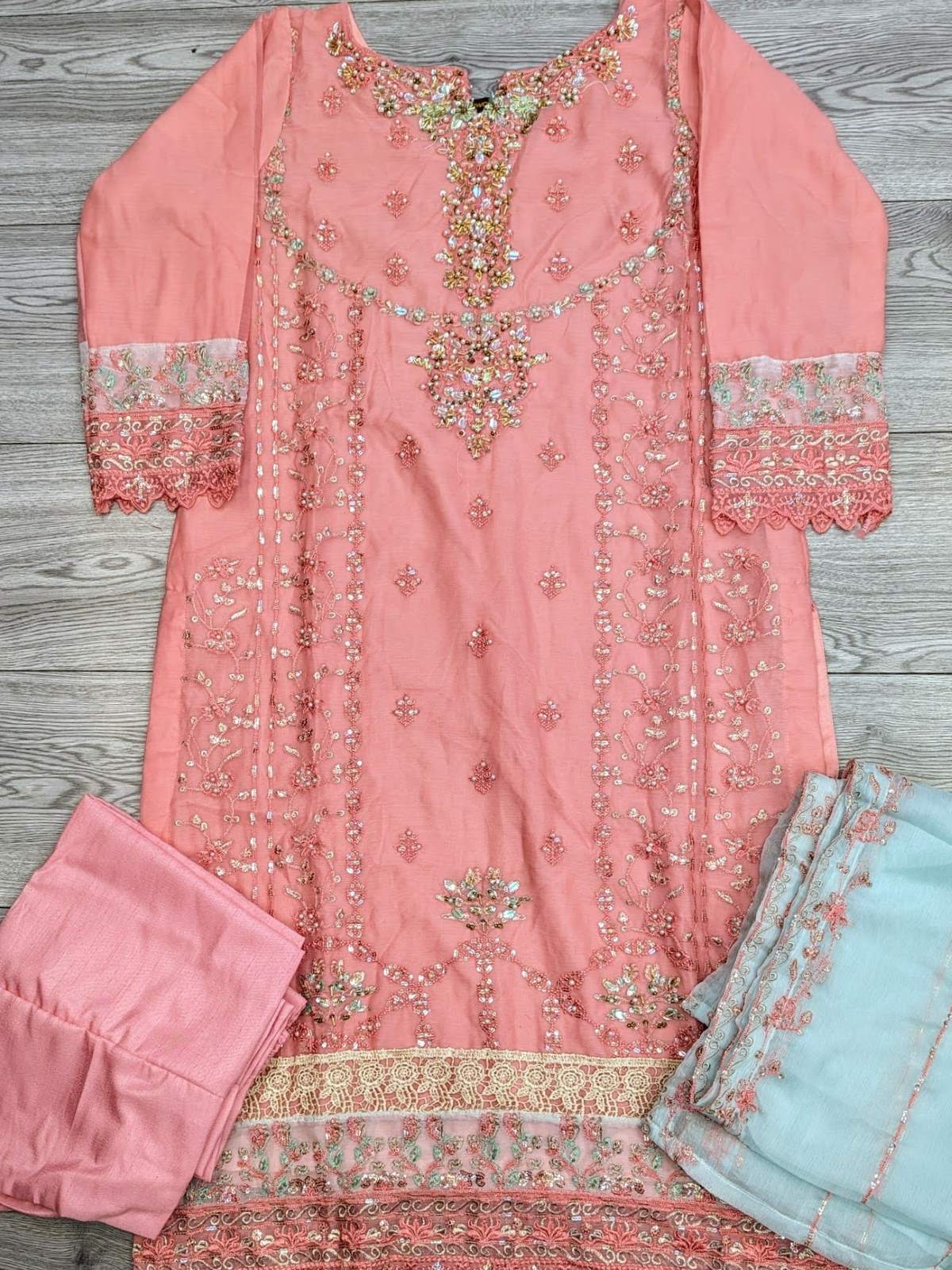 AG bubblegum pink colour with gold hand embellishment shalwar kameez in chiffon fabric with embroidery dupatta in sizes (S to 7XL) womenswear traditional plus size clothing - AdoreByKhwahish