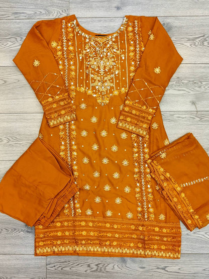 AG Burnt Orange With Gold Colour Embroidery Shalwar Kameez Chiffon Fabric Embroidered Dupatta in Sizes (S to 7XL) Womenswear Traditional Plus size - AdoreByKhwahish