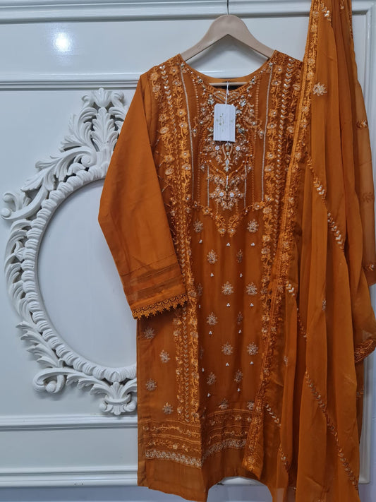 AG Burnt Orange With Gold Colour Embroidery Shalwar Kameez Chiffon Fabric Embroidered Dupatta in Sizes (S to 7XL) Womenswear Traditional Plus size - AdoreByKhwahish