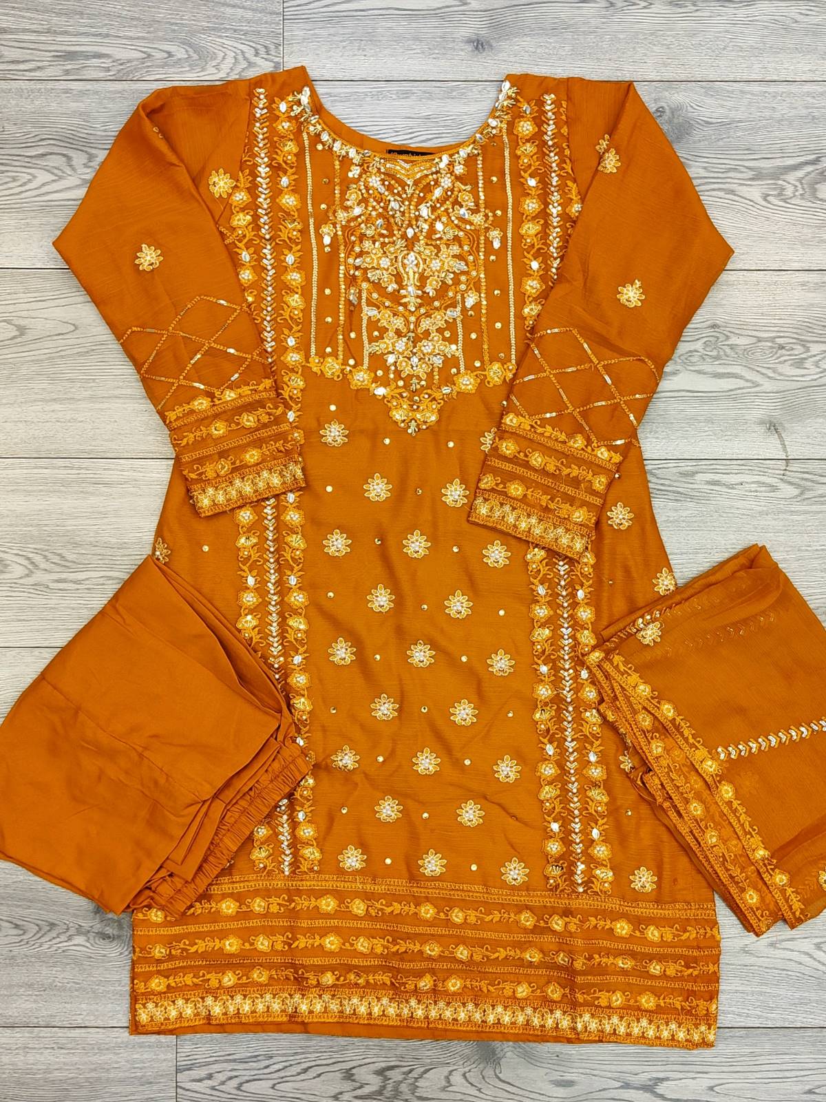 AG Burnt Orange With Gold Colour Embroidery Shalwar Kameez Chiffon Fabric Embroidered Dupatta in Sizes (S to 7XL) Womenswear Traditional Plus size - AdoreByKhwahish