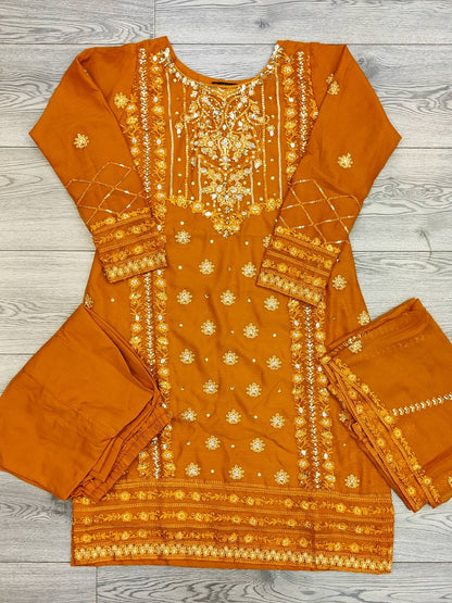 AG Burnt Orange With Gold Colour Embroidery Shalwar Kameez Chiffon Fabric Embroidered Dupatta in Sizes (S to 7XL) Womenswear Traditional Plus size - AdoreByKhwahish