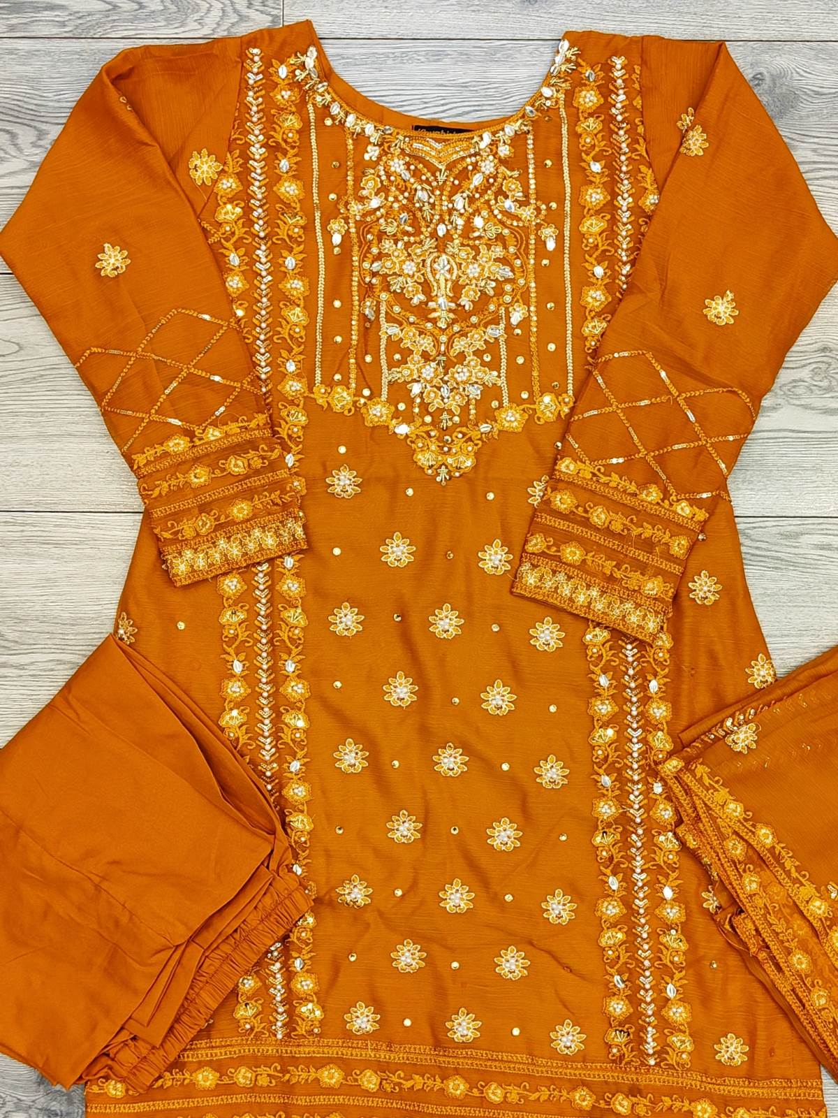 AG Burnt Orange With Gold Colour Embroidery Shalwar Kameez Chiffon Fabric Embroidered Dupatta in Sizes (S to 7XL) Womenswear Traditional Plus size - AdoreByKhwahish