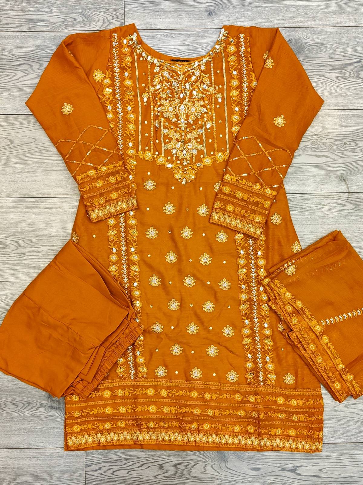 AG Burnt Orange With Gold Colour Embroidery Shalwar Kameez Chiffon Fabric Embroidered Dupatta in Sizes (S to 7XL) Womenswear Traditional Plus size - AdoreByKhwahish