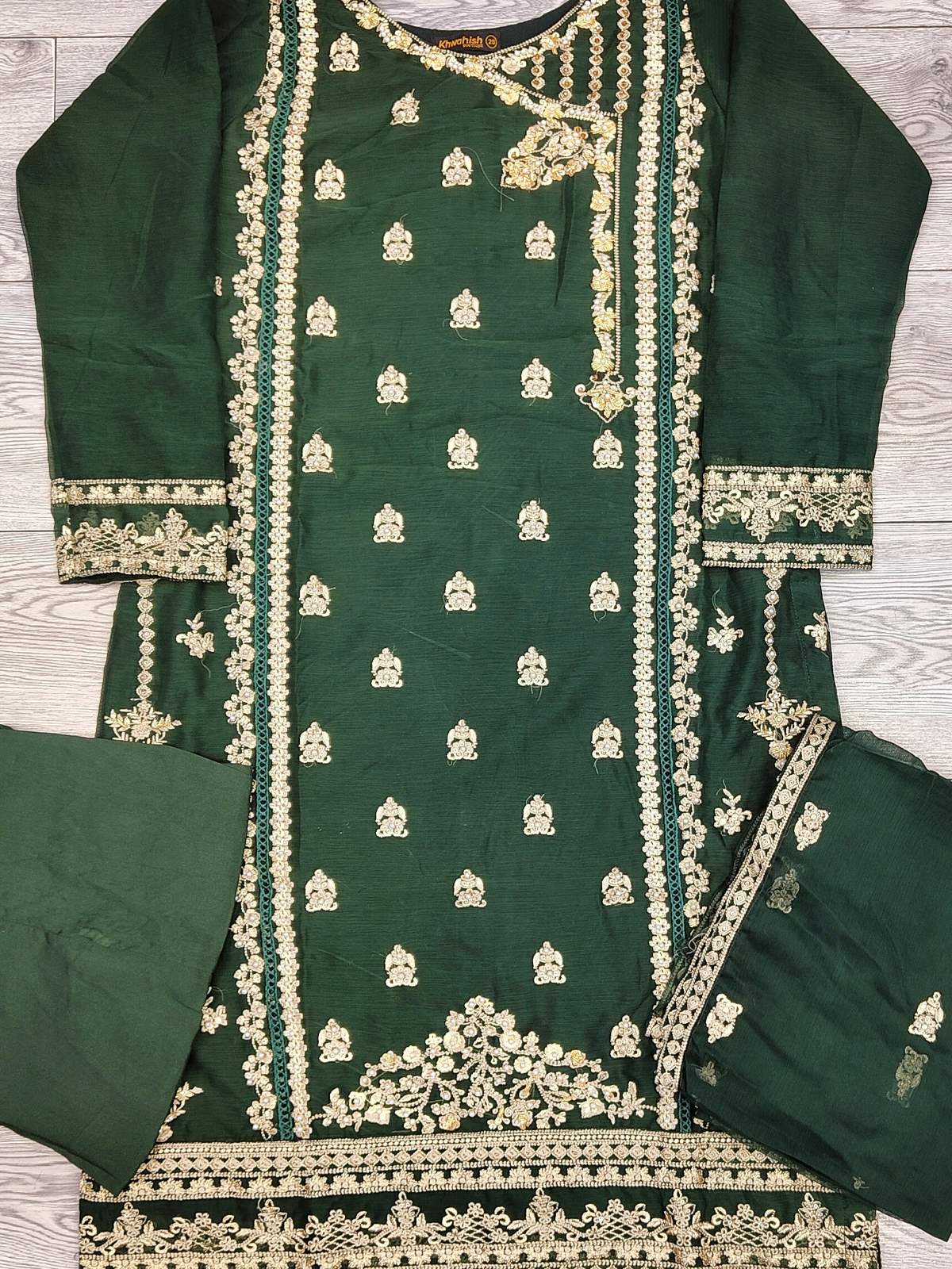 AG dark green with gold colour hand embellished chiffon fabric shalwar kameez with embroidery dupatta in sizes (S to 7XL) womenswear traditional plus size - AdoreByKhwahish