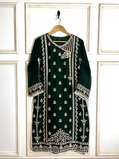 AG dark green with gold colour hand embellished chiffon fabric shalwar kameez with embroidery dupatta in sizes (S to 7XL) womenswear traditional plus size - AdoreByKhwahish