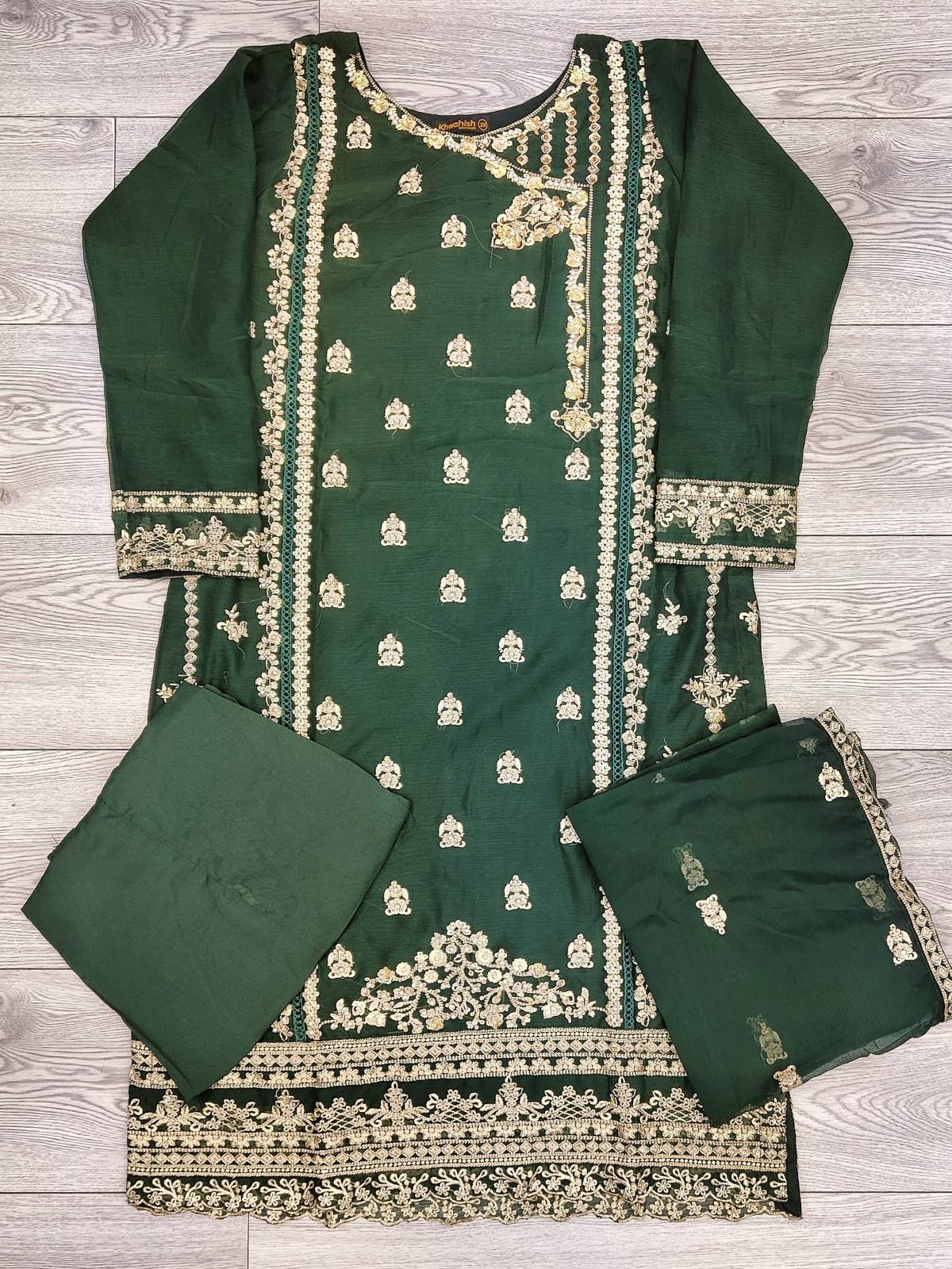 AG dark green with gold colour hand embellished chiffon fabric shalwar kameez with embroidery dupatta in sizes (S to 7XL) womenswear traditional plus size - AdoreByKhwahish