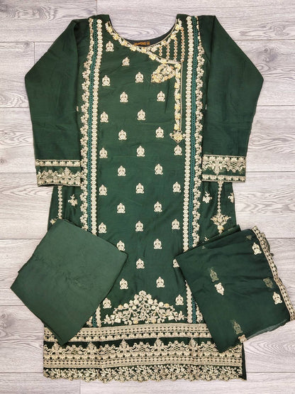 AG dark green with gold colour hand embellished chiffon fabric shalwar kameez with embroidery dupatta in sizes (S to 7XL) womenswear traditional plus size - AdoreByKhwahish