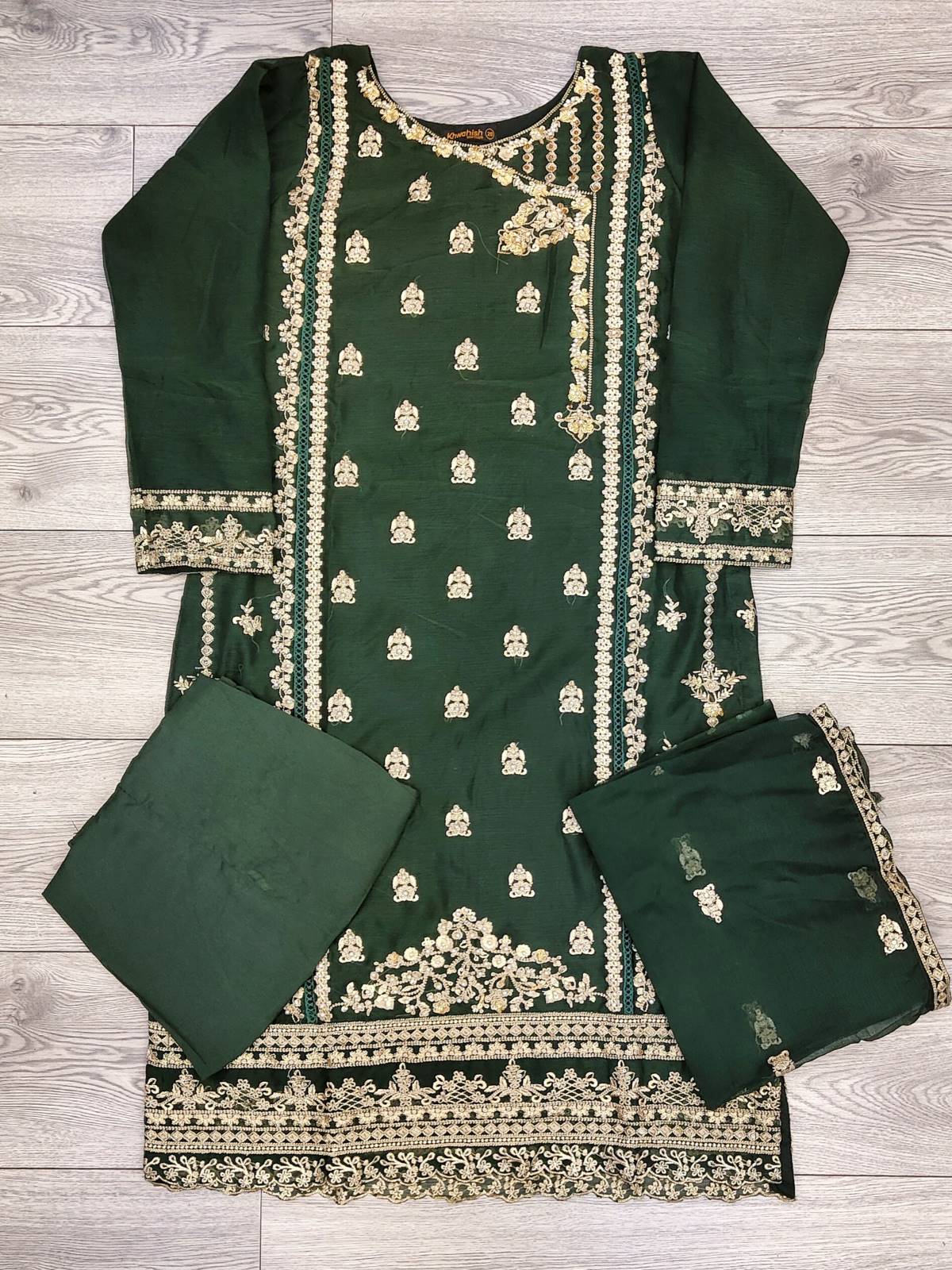 AG dark green with gold colour hand embellished chiffon fabric shalwar kameez with embroidery dupatta in sizes (S to 7XL) womenswear traditional plus size - AdoreByKhwahish