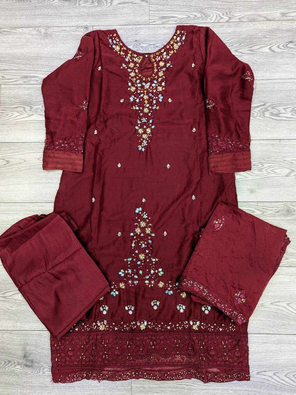 AG Deep Maroon Colour Hand Embroidery Shalwar Kameez with Dupatta in Chiffon Fabric in Sizes (S to 7XL) Womenswear Traditional Clothing Plus Size - AdoreByKhwahish