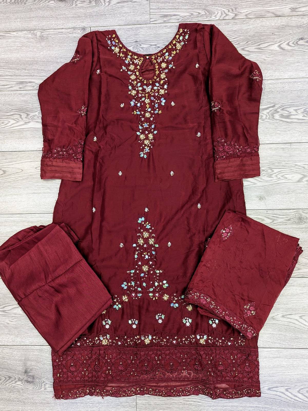 AG Deep Maroon Colour Hand Embroidery Shalwar Kameez with Dupatta in Chiffon Fabric in Sizes (S to 7XL) Womenswear Traditional Clothing Plus Size - AdoreByKhwahish