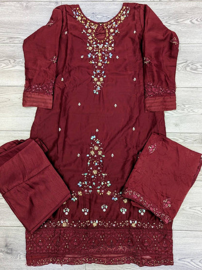 AG Deep Maroon Colour Hand Embroidery Shalwar Kameez with Dupatta in Chiffon Fabric in Sizes (S to 7XL) Womenswear Traditional Clothing Plus Size - AdoreByKhwahish