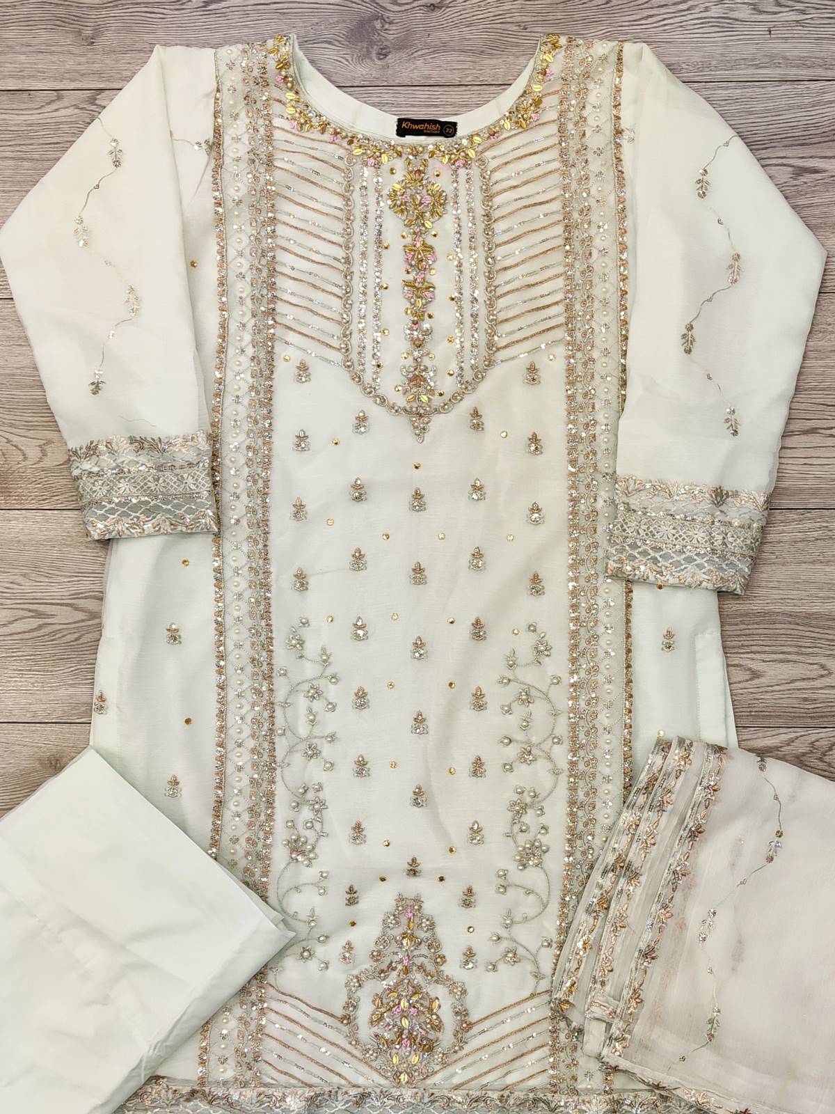 AG Light Pastel Blue with Gold Colour Embroidery Shalwar Kameez Chiffon Fabric Embroidered Dupatta in Sizes (S to 7XL) Womenswear Traditional Plus size - AdoreByKhwahish