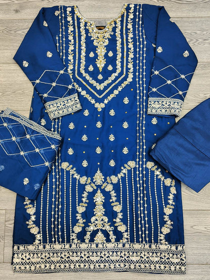 AG navy blue with gold colour hand embellished chiffon fabric shalwar kameez with embroidery chiffon dupatta in sizes (S to 3XL) womenswear traditional plus size - AdoreByKhwahish