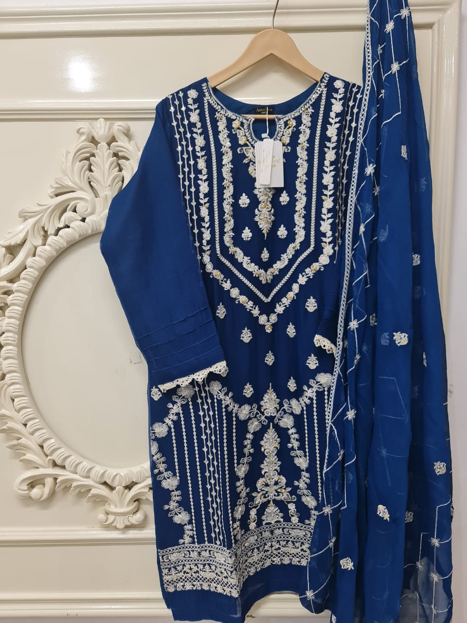 AG navy blue with gold colour hand embellished chiffon fabric shalwar kameez with embroidery chiffon dupatta in sizes (S to 3XL) womenswear traditional plus size - AdoreByKhwahish