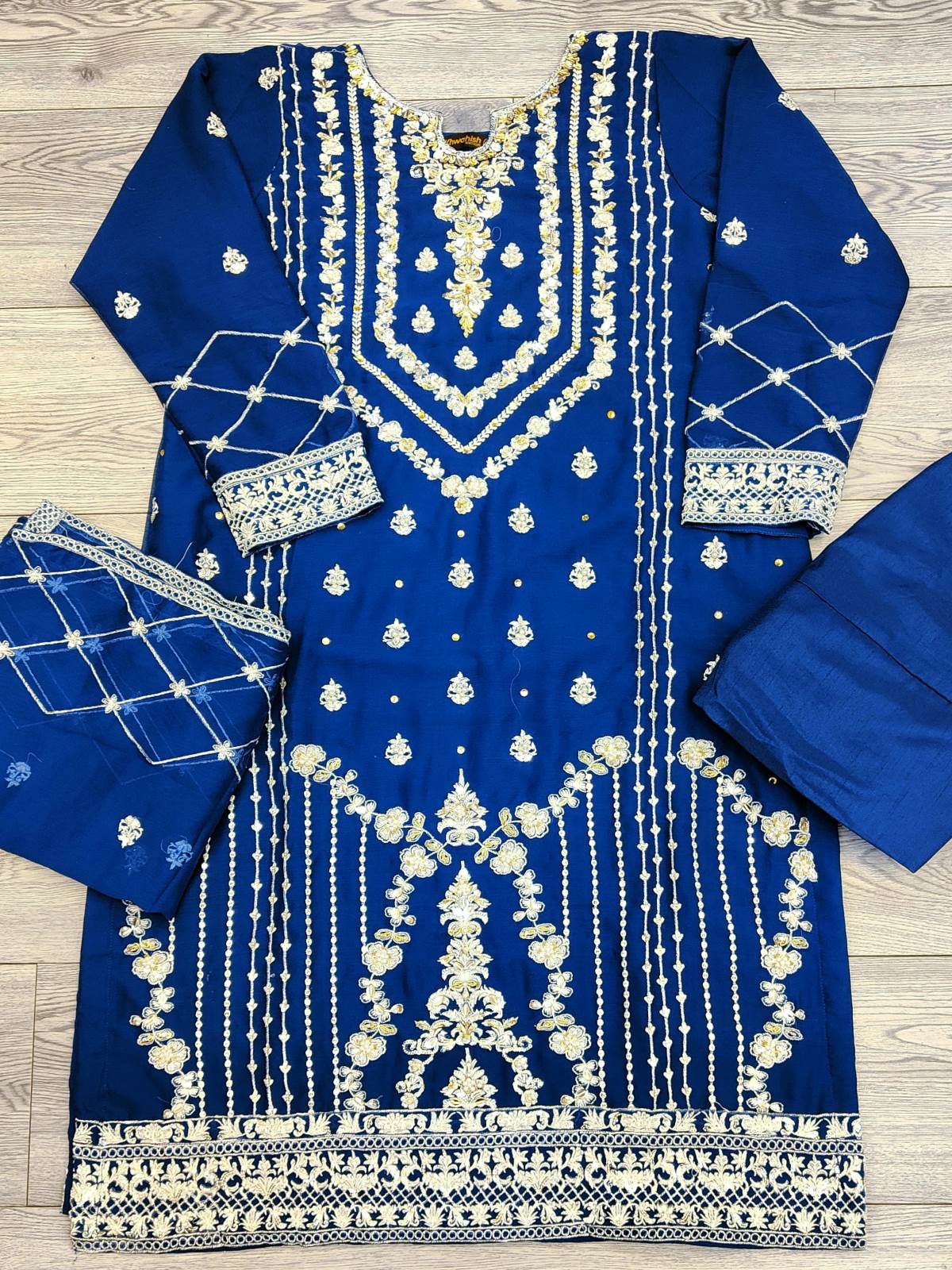 AG navy blue with gold colour hand embellished chiffon fabric shalwar kameez with embroidery chiffon dupatta in sizes (S to 3XL) womenswear traditional plus size - AdoreByKhwahish