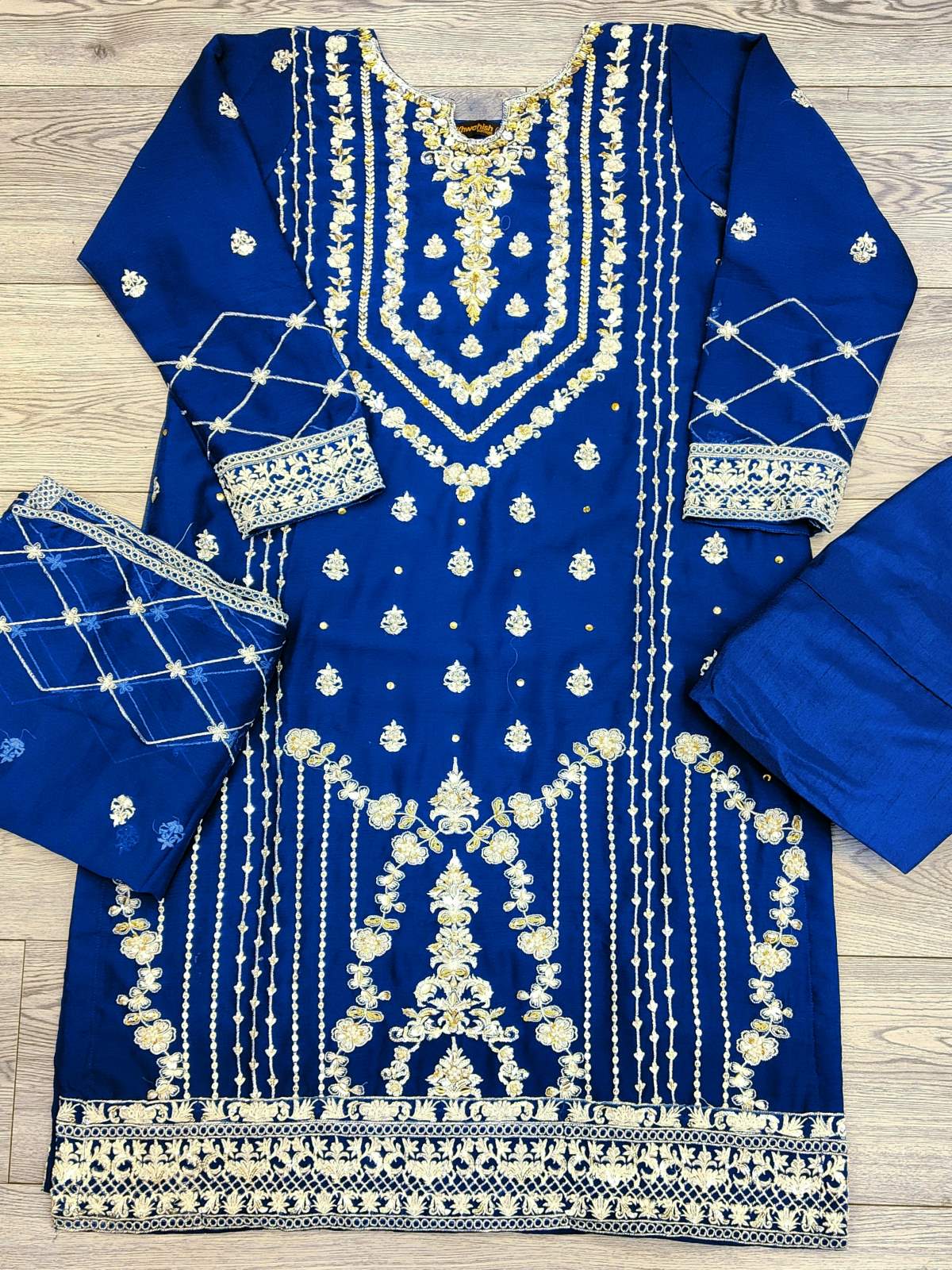 AG navy blue with gold colour hand embellished chiffon fabric shalwar kameez with embroidery chiffon dupatta in sizes (S to 3XL) womenswear traditional plus size - AdoreByKhwahish