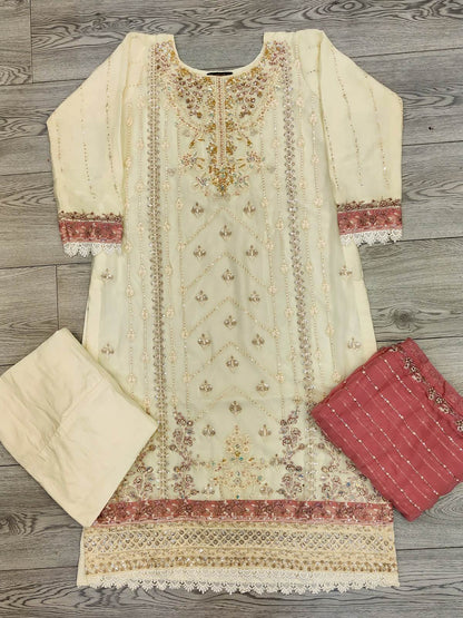 AG off - white pink and gold colour hand embellished chiffon fabric shalwar kameez with embroidery dupatta in sizes (S to 7XL) womenswear traditional plus size comfort - AdoreByKhwahish