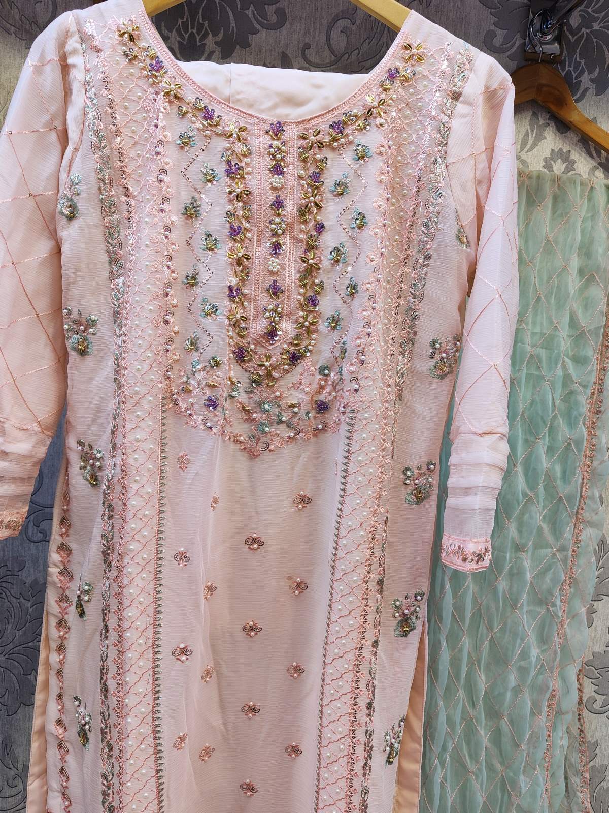 AG pastel pink and mint green colour hand embellished chiffon fabric shalwar kameez with embroidery dupatta in sizes (S to 7XL) womenswear traditional plus size comfort - AdoreByKhwahish