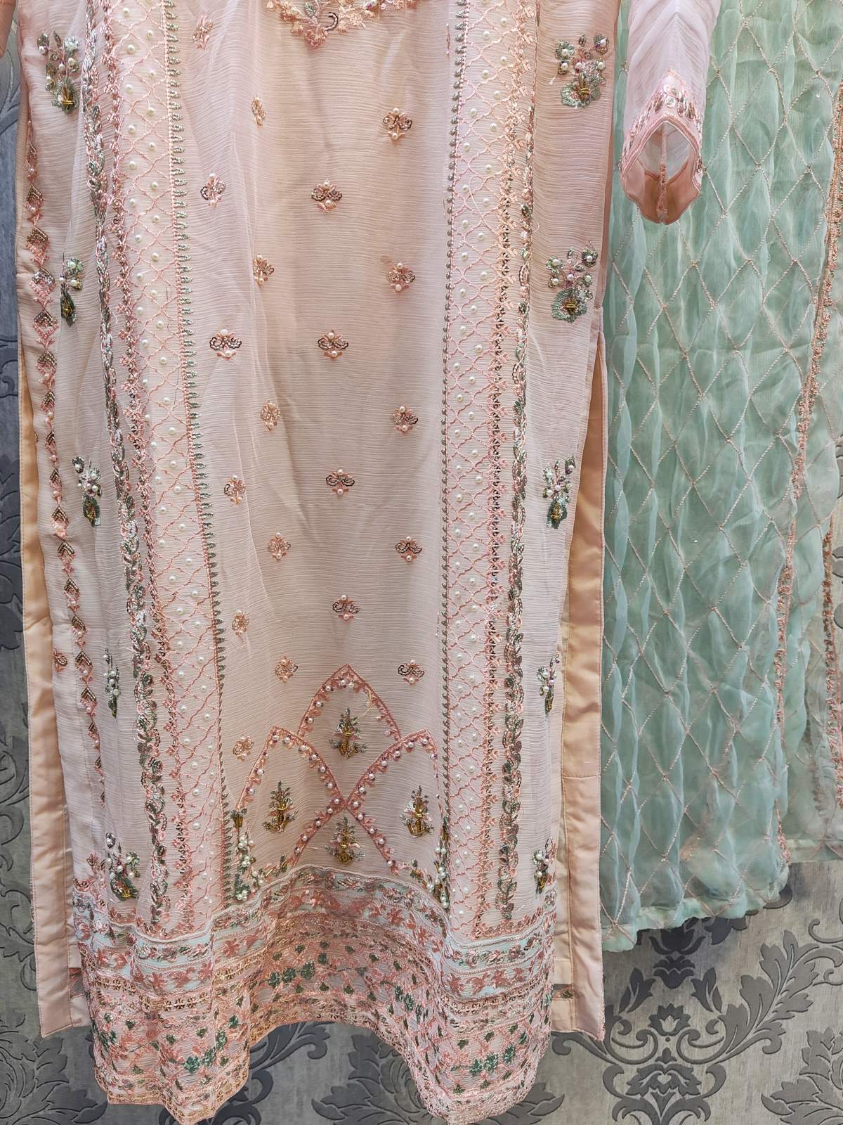 AG pastel pink and mint green colour hand embellished chiffon fabric shalwar kameez with embroidery dupatta in sizes (S to 7XL) womenswear traditional plus size comfort - AdoreByKhwahish