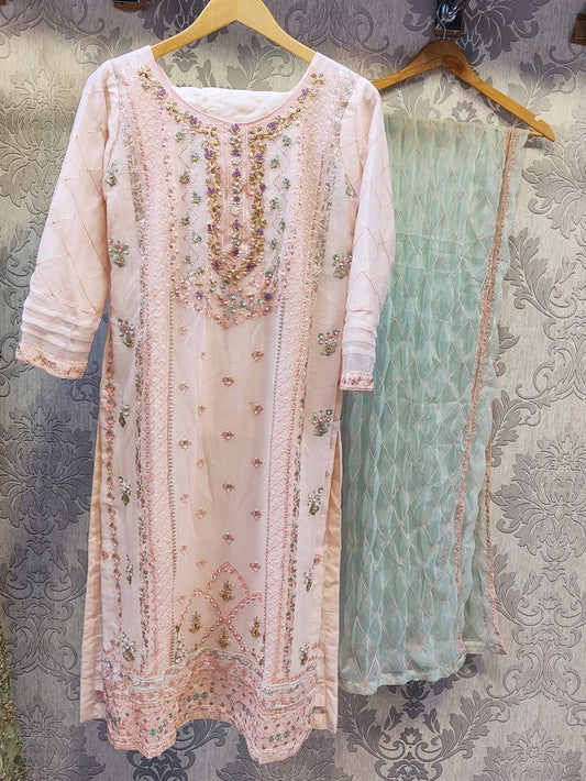 AG pastel pink and mint green colour hand embellished chiffon fabric shalwar kameez with embroidery dupatta in sizes (S to 7XL) womenswear traditional plus size comfort - AdoreByKhwahish