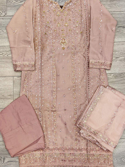 AG pearl pink and gold colour hand embellished chiffon fabric shalwar kameez with embroidery dupatta in sizes (S to 7XL) womenswear traditional plus size - AdoreByKhwahish