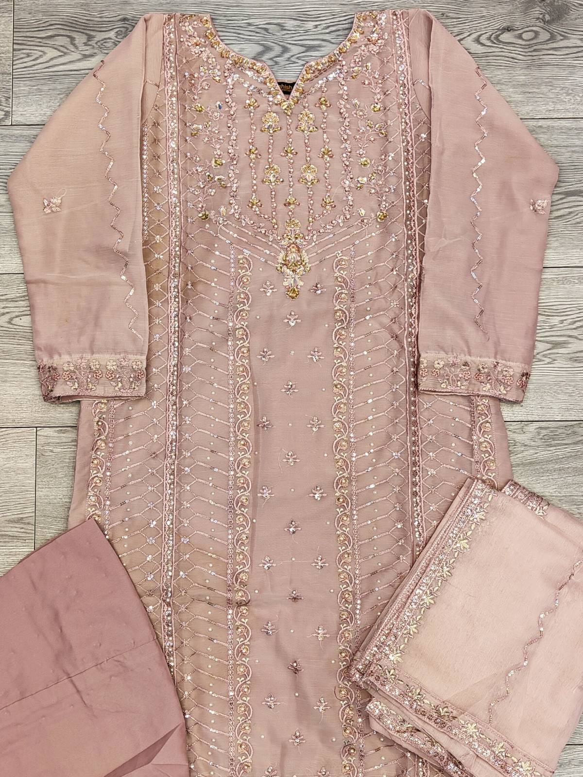 AG pearl pink and gold colour hand embellished chiffon fabric shalwar kameez with embroidery dupatta in sizes (S to 7XL) womenswear traditional plus size - AdoreByKhwahish