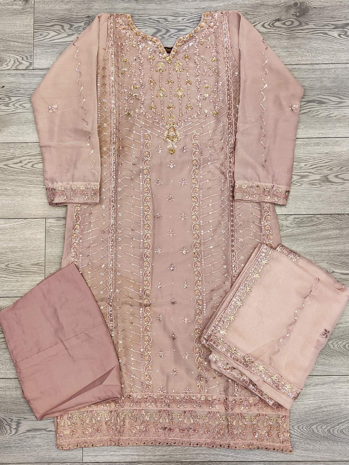 AG pearl pink and gold colour hand embellished chiffon fabric shalwar kameez with embroidery dupatta in sizes (S to 7XL) womenswear traditional plus size - AdoreByKhwahish