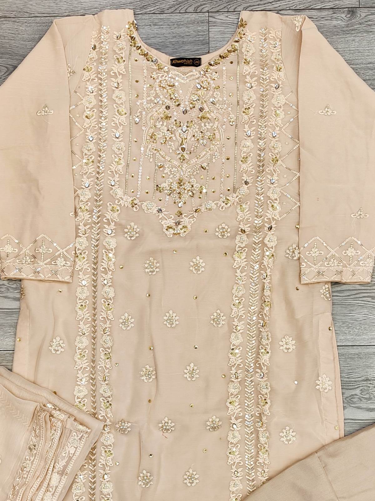 AG Pink Nude with Gold Colour Hand Embroidery Shalwar Kameez Chiffon Fabric Embroidered Dupatta in Sizes (S to 7XL) Womenswear Traditional Plus Size - AdoreByKhwahish