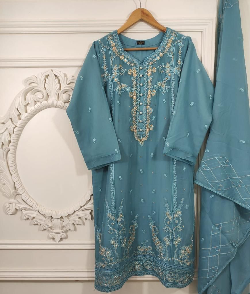 AG Powder Blue Colour Chiffon Embroidered Kurti Only - AdoreByKhwahish