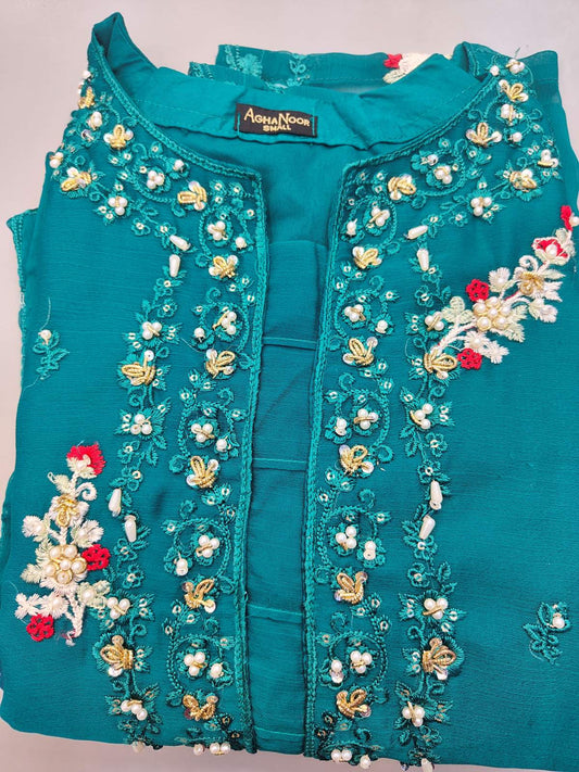 AG sea green and gold colour hand embroidered chiffon fabric shalwar kameez in sizes (S to L) womenswear traditional dress (Copy) (Copy) - AdoreByKhwahish