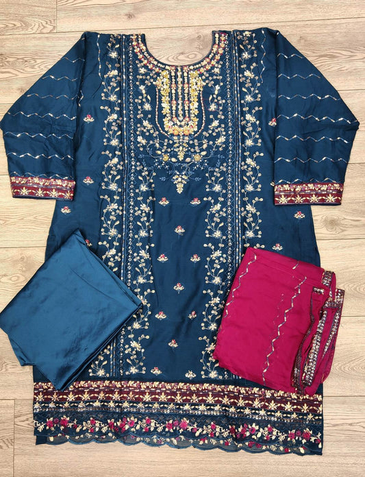 AG teal blue and plum with gold colour hand embellished chiffon fabric shalwar kameez with embroidery dupatta in sizes (S to 7XL) womenswear traditional plus size - AdoreByKhwahish