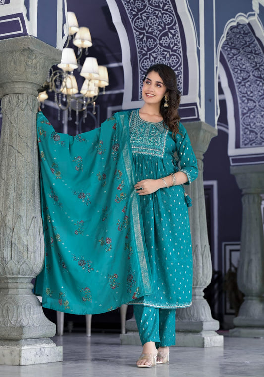 Aqua Green Brocade Print Nyra Cut with Hand Embroidery Trouser Suit Cotton Silk Fabric in Sizes (S to 2XL) Womenswear Traditional - AdoreByKhwahish