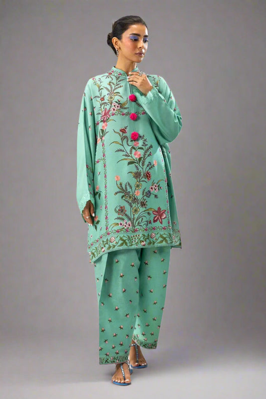 Sana Safinaz H243-07B turquoise blue colour digital floral printed linen fabric shalwar kameez matching print trousers or shalwar - Sizes M to 8XL - Womenswear traditional casual indoor outdoor clothing plus size comfort for fall winter spring