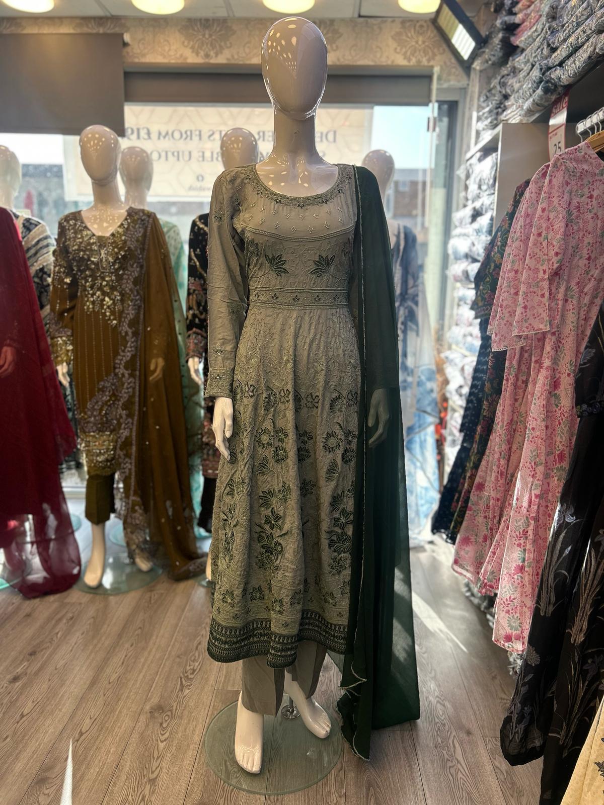 Laurel green colour all over thread and zari embroidered dress