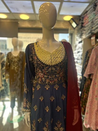 Navy blue with antique gold and red colour all over thread and zari embroidery dress in linen fabric with dupatta trousers in sizes (M to 7XL)-womenswear traditional plus size comfort dress