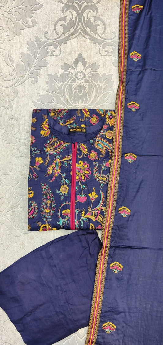 Bareeze navy blue and mustard colour embroidery shalwar kameez winter collection in linen fabric in sizes (S to 6XL) traditional womenswear - AdoreByKhwahish