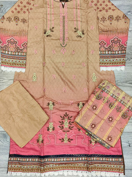 Beige and pink ombre colour embroidered cotton fabric shalwar kameez with cotton dupatta in sizes (S to 7XL) womenswear traditional plus size comfort clothing - AdoreByKhwahish