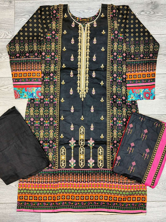 Bin S black and gold colour embroidered cotton fabric shalwar kameez with cotton dupatta in sizes (S to 7XL) womenswear traditional plus size - AdoreByKhwahish