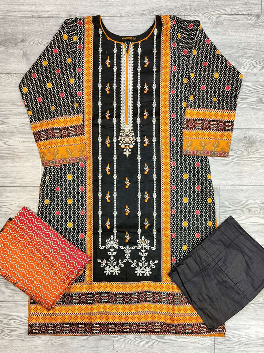 Bin S black colour cotton embroidered shalwar kameez with white and orange thread embroidery in sizes (S to 7XL) womenswear traditional plus size - AdoreByKhwahish