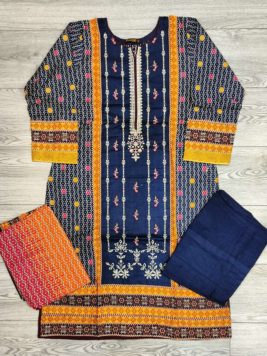 Bin S navy blue with pink and orange colour cotton embroidered shalwar kameez thread embroidery in sizes (S to 7XL) womenswear traditional plus size - AdoreByKhwahish