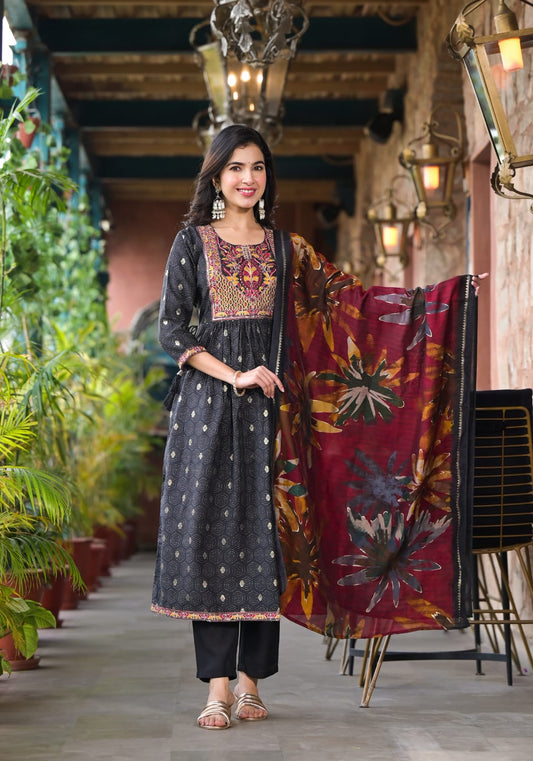 Black and Maroon Nyra Cut with Hand Embroidery Trouser Suit Cotton Silk Fabric in Sizes (S to 2XL) Womenswear Traditional - AdoreByKhwahish