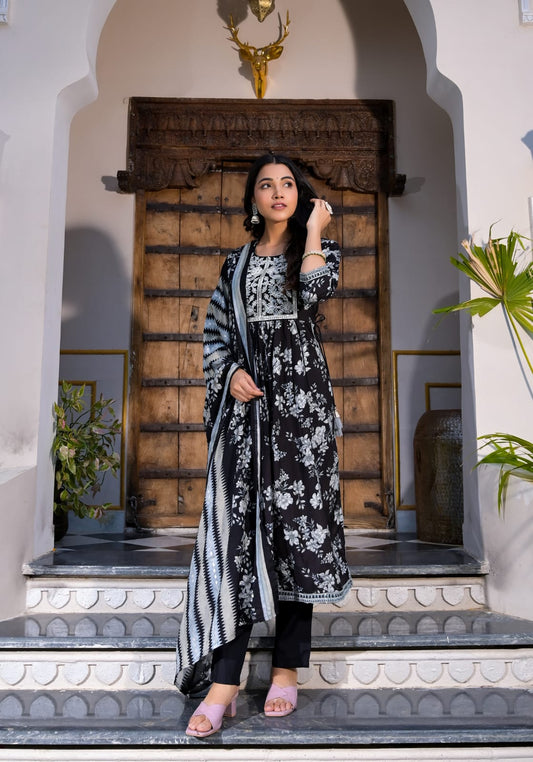 Black and White Floral Print Nyra Cut with Hand Embroidery Trouser Suit Cotton Silk Fabric in Sizes (S to 2XL) Womenswear Traditional - AdoreByKhwahish