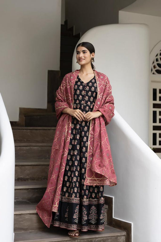 Black with pink & peach colour muslin silk long dress maxi style 2 pc dress in silk cotton fabric nice gold print and dupatta with all over print in sizes (38 to 52) womenswear traditional dress - AdoreByKhwahish